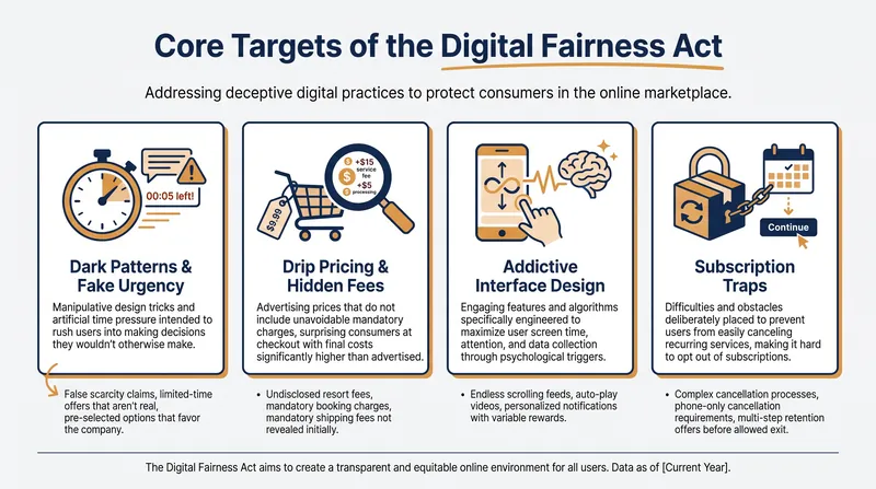 The upcoming legislation targets four primary areas of digital consumer manipulation.