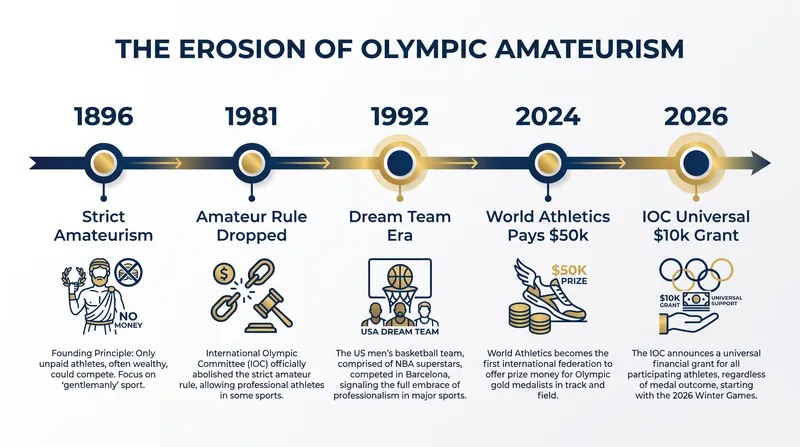 The 130-year evolution of athlete compensation at the Olympic Games.
