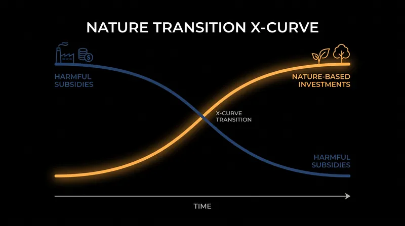 The Nature Transition X-Curve models the macroeconomic shift required to close the biodiversity funding gap.