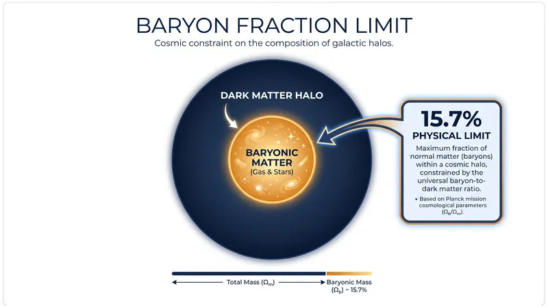The Lambda-CDM model dictates that normal matter cannot exceed roughly 15.7% of a dark matter halo's total mass.