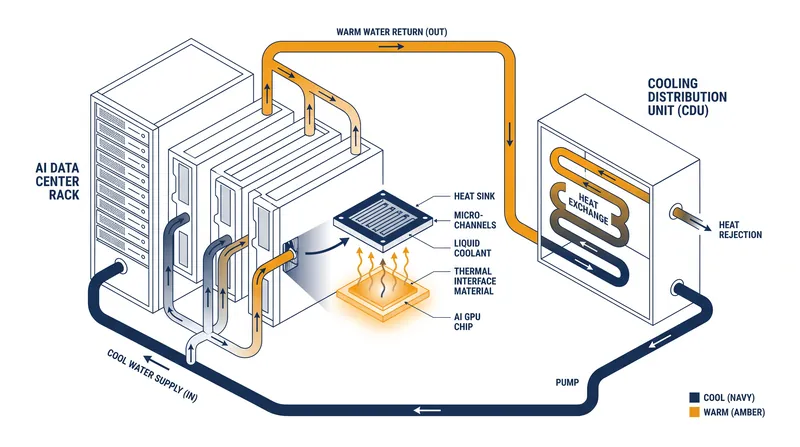 Direct-to-chip cooling systems use circulating fluids to manage the extreme heat generated by next-generation AI processors.