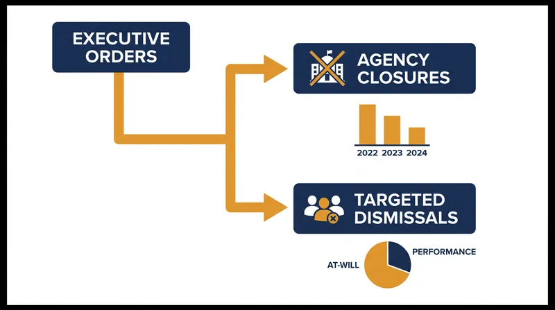 The administration has utilized executive orders and structural closures to reshape the federal workforce.