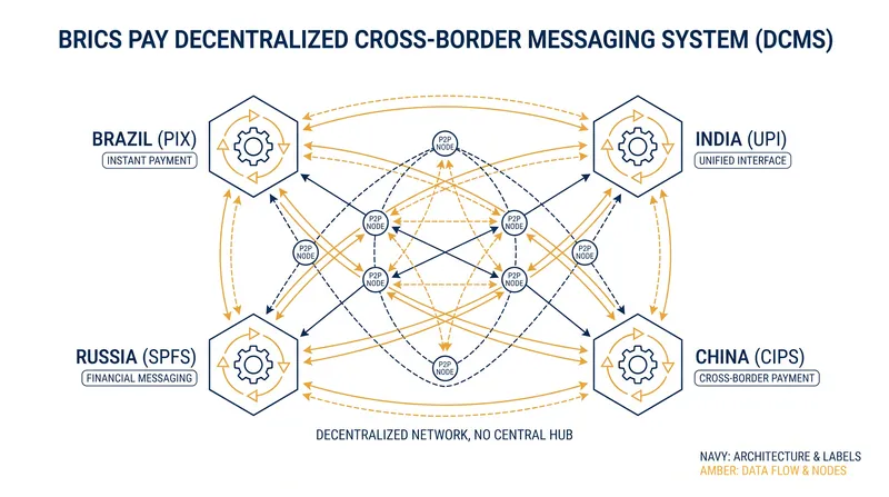 Unlike SWIFT's centralized hub, the BRICS Pay DCMS uses a distributed gateway to connect domestic instant payment systems.