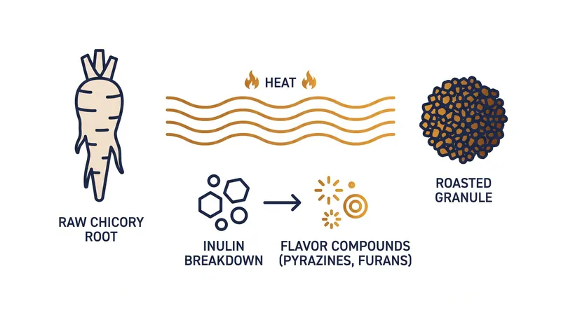 Heat transforms the root's carbohydrates into complex, coffee-like flavor compounds.