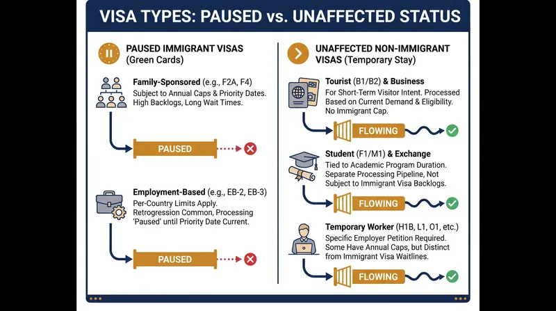 The global pause applies specifically to immigrant visas, which serve as the primary pathways to permanent residency.