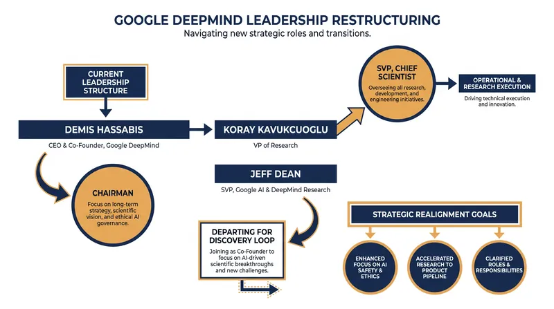 The reorganization shifts operational control to Koray Kavukcuoglu while Demis Hassabis focuses on long-term strategy.
