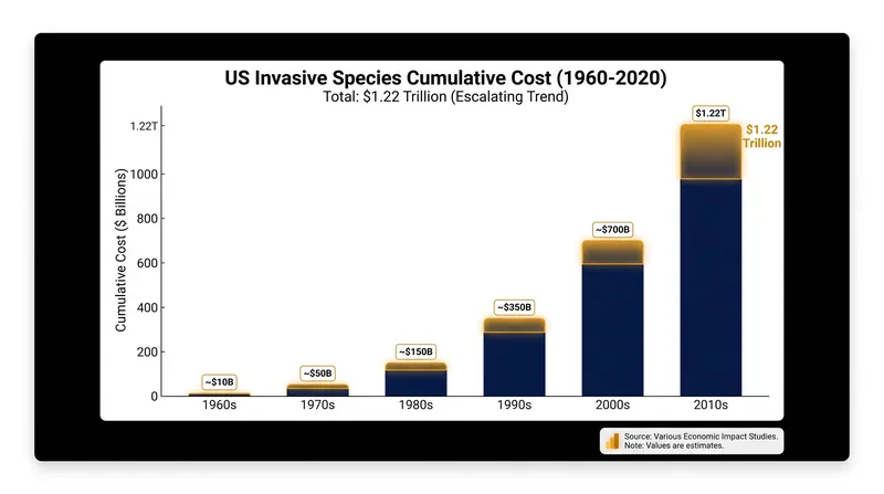 The cumulative economic damage of invasive species has surpassed $1.2 trillion over the last six decades.