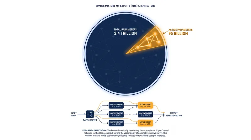 Sparse architectures allow massive models to activate only a fraction of their parameters per token, drastically reducing compute costs.