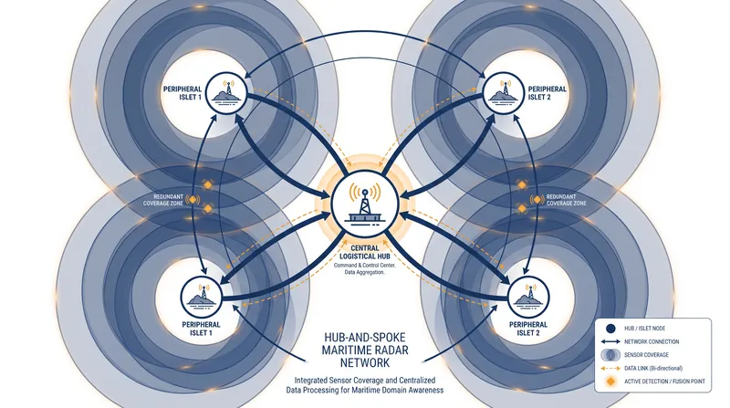 The hub-and-spoke model allows smaller peripheral installations to provide overlapping radar coverage for primary logistical bases.