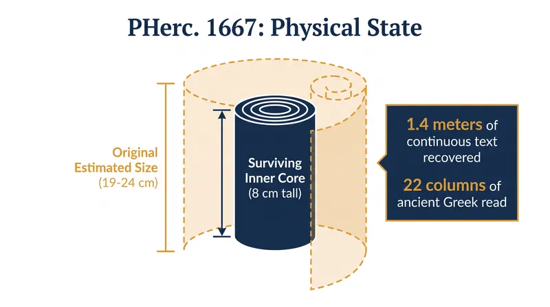 Despite severe damage from past physical unwrapping attempts, the surviving core of PHerc. 1667 yielded extensive continuous text.