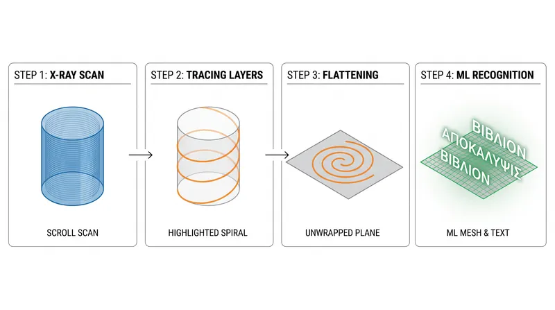 The computational pipeline separates physical access from textual access, mathematically unrolling the scroll's geometry before detecting the ink.