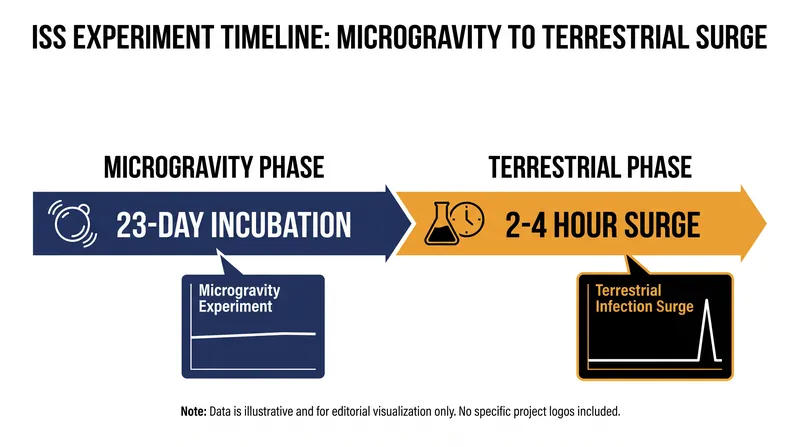 Microgravity severely delayed the initial phage infection surge compared to terrestrial controls.