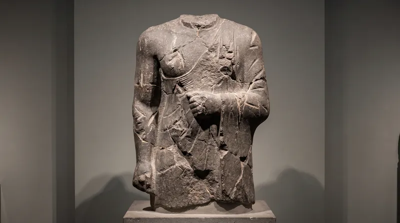 A damaged royal statue found at Aššur, missing its head and insignia, is believed to represent the erased king Aššur-uballiṭ.