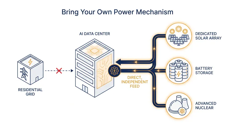 How the 'Bring Your Own Power' mandate separates industrial AI demand from the residential electrical grid.