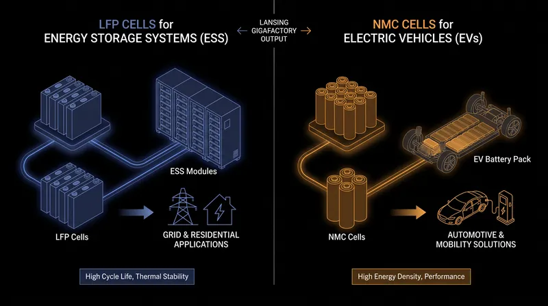 The facility divides its 35-GWh capacity between stationary grid storage and automotive applications.