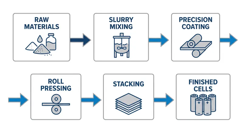 The mechanical process of transforming raw lithium, iron, and nickel into functional battery cells.