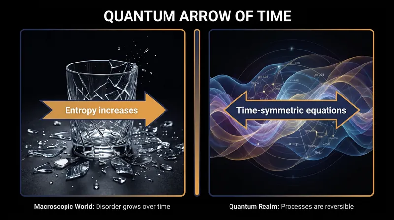 While macroscopic systems are bound by entropy, quantum equations remain symmetrical under time reversal.
