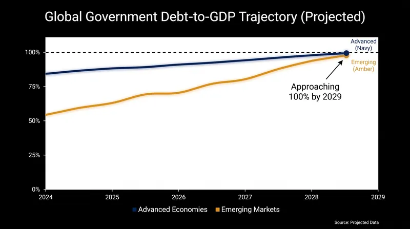 The IMF projects that global government debt will reach 100% of global GDP by 2029.