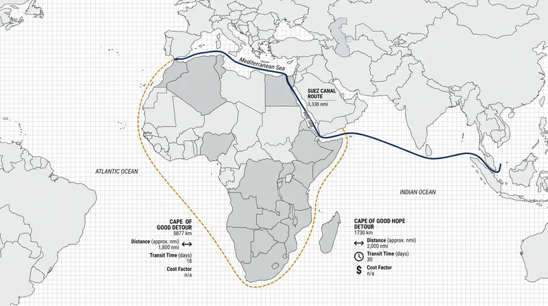 The Suez Canal route saves approximately 4,000 nautical miles compared to the Cape of Good Hope detour.