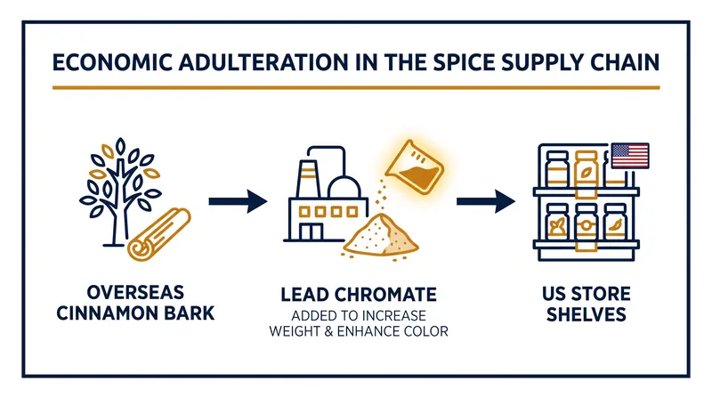 How lead chromate enters the cinnamon supply chain through economic adulteration.