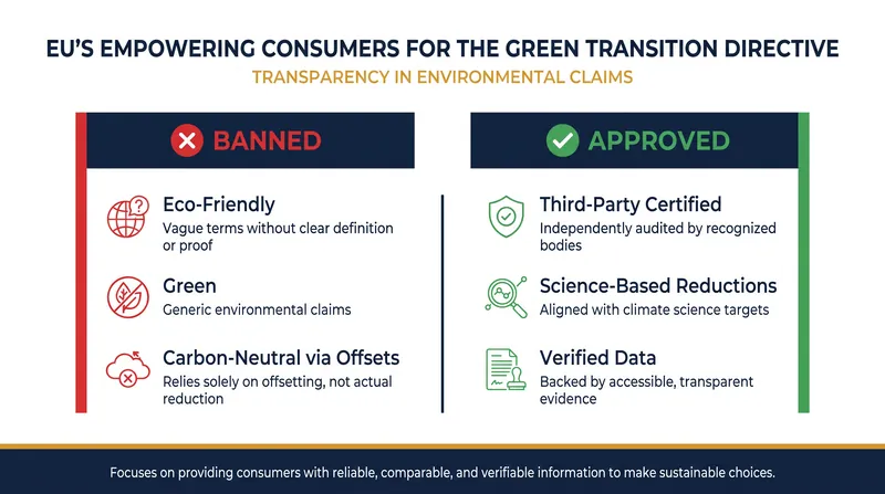 The EmpCo Directive strictly prohibits vague environmental buzzwords in favor of verified, specific claims.
