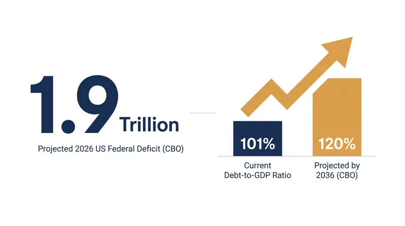 Projected growth of the US debt-to-GDP ratio over the next decade.