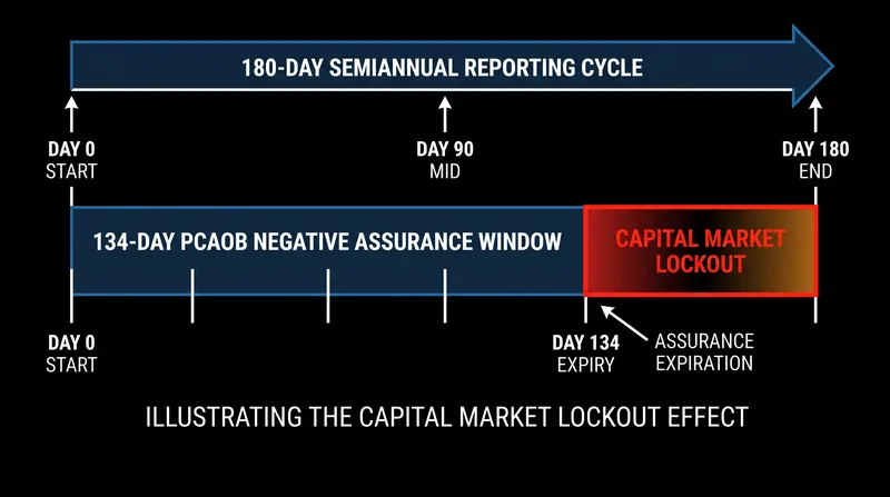 The 180-day semiannual cycle exceeds the 134-day window required for auditor negative assurance, potentially complicating rapid capital raises.