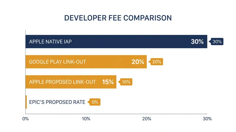How Apple's proposed 15% external fee compares to native IAP and competitor rates.
