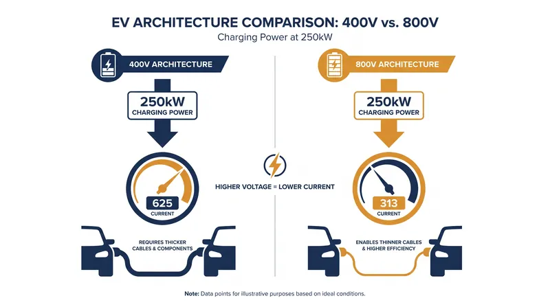 By doubling the voltage, 800-volt systems halve the current required to hit the same 250-kilowatt charging speed.