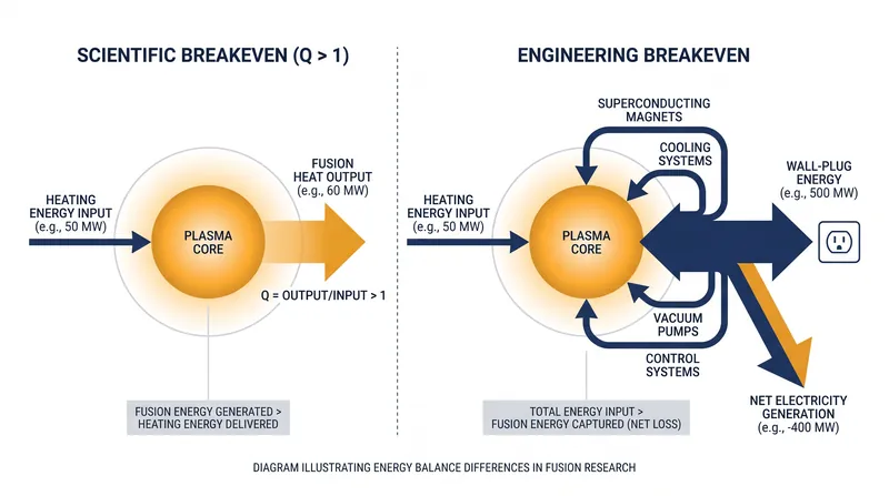 Scientific breakeven only measures the energy balance of the plasma itself, ignoring the massive electrical load required to run the reactor's magnets and cooling systems.