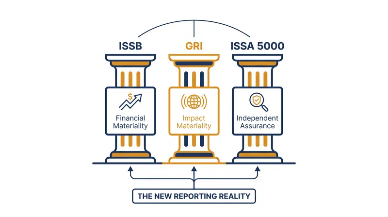 The three interlocking frameworks that define the new global sustainability reporting landscape.