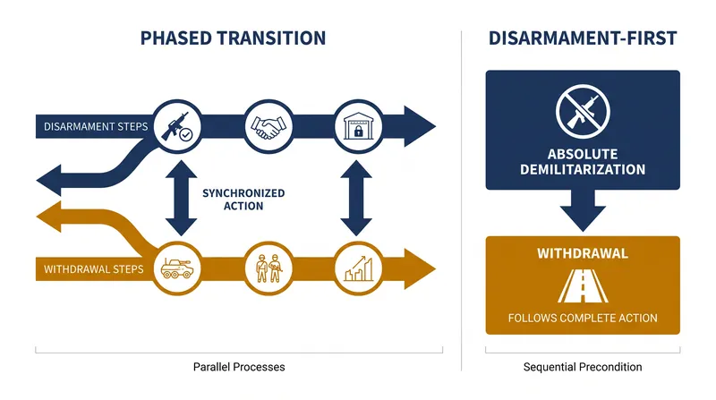 Comparing the US-backed phased transition against the Israeli disarmament-first requirement.