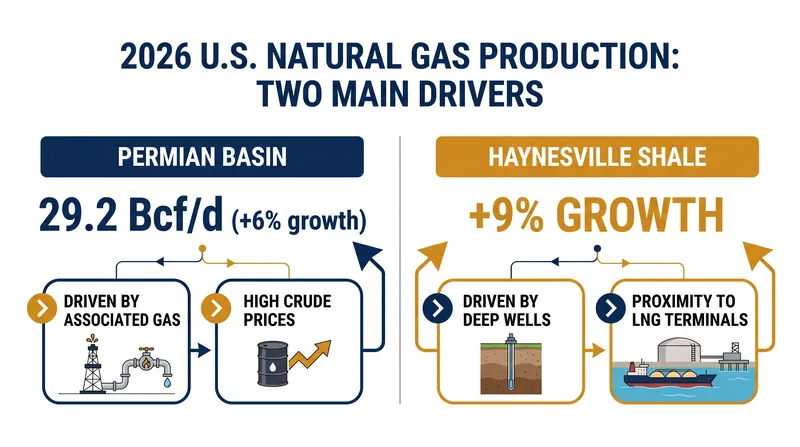The Permian and Haynesville basins are the primary engines behind the 2026 production surge.