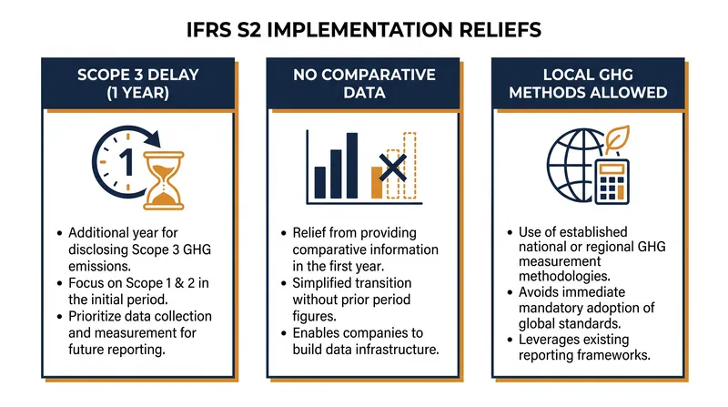 Key implementation reliefs granted to companies adopting the IFRS S2 climate standard.