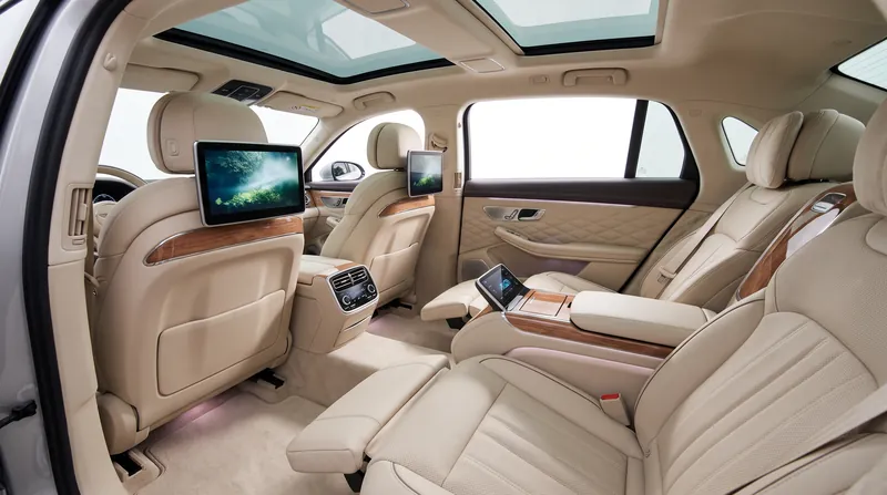 The cavernous rear cabin features zero-gravity seating, power leg rests, and a 31-speaker sound system.