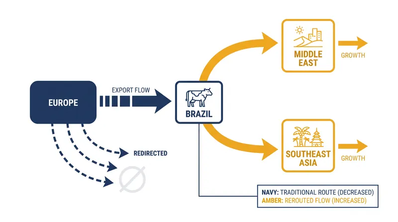 With the European market closing, Brazilian exporters are aggressively rerouting shipments to buyers in Asia and the Middle East.
