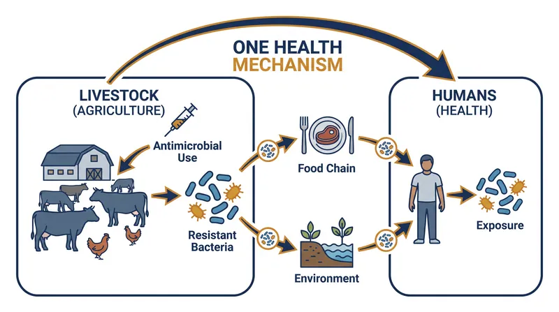 The European Union's 'One Health' approach links animal husbandry practices directly to human antimicrobial resistance.