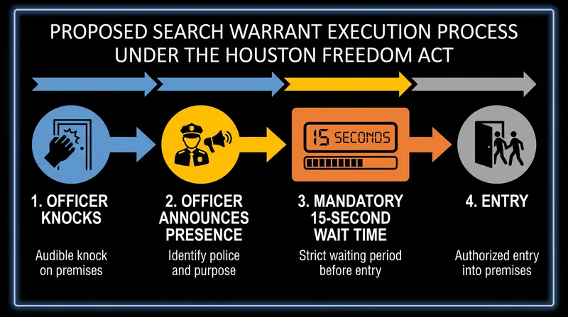 The charter amendment would mandate a strict 15-second waiting period before officers can enter a residence to execute a search warrant.