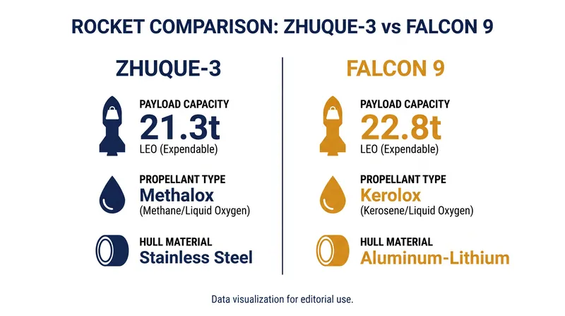 How LandSpace's Zhuque-3 architecture compares to the industry-standard Falcon 9.