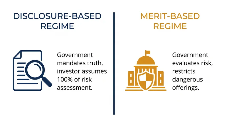 The foundational difference between disclosure and merit regulation dictates who bears the burden of risk assessment.