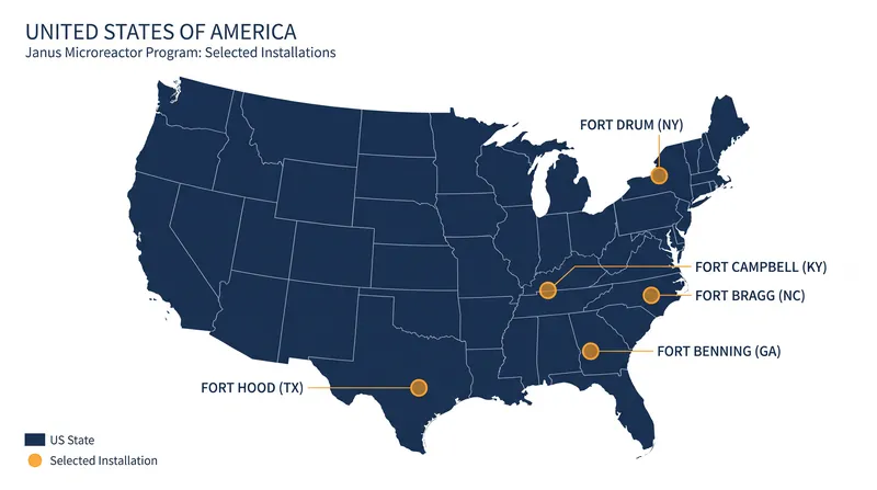 The five initial military installations selected to host contractor-owned microreactors.