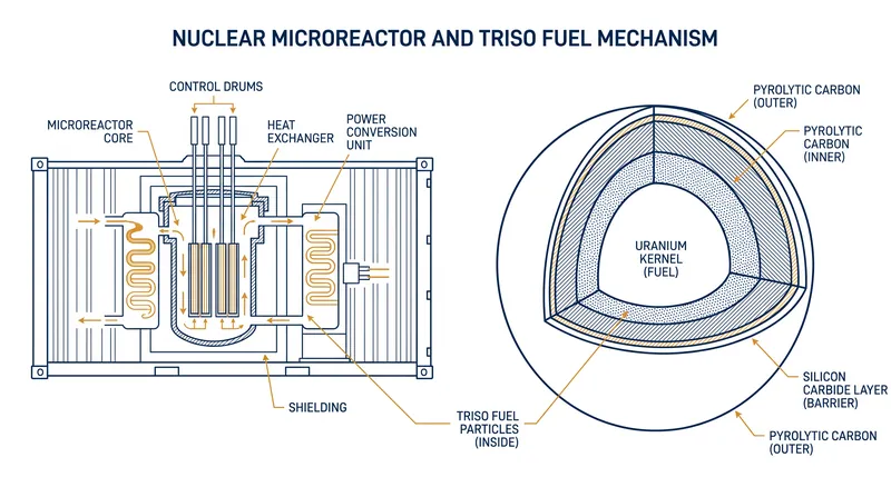 Microreactors rely on TRISO fuel, which encapsulates uranium in robust layers to prevent meltdowns.
