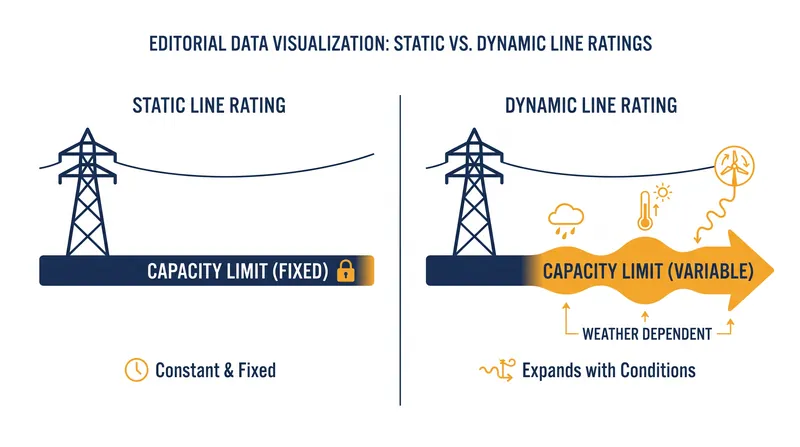 Dynamic Line Ratings adjust capacity limits based on real-time cooling from wind and ambient temperature.