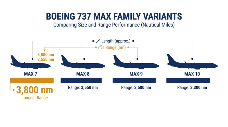 The MAX 7 trades seating capacity for extended range, allowing airlines to fly longer, thinner routes.