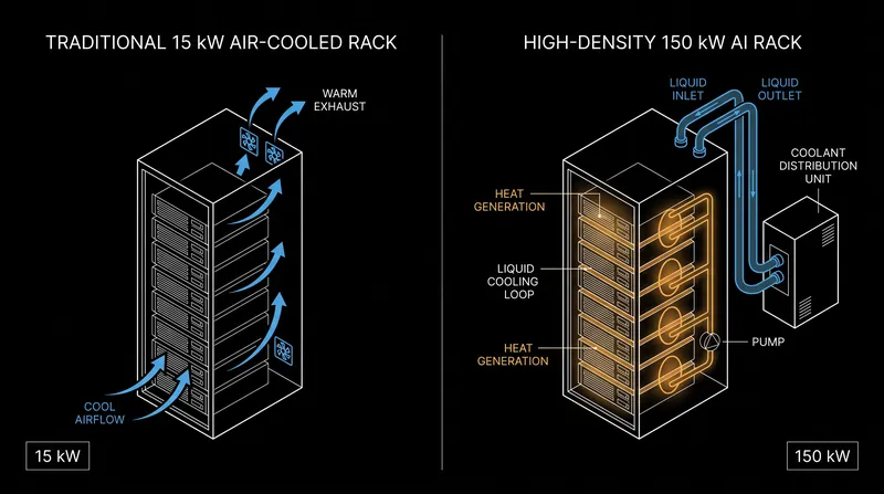 AI workloads require power densities up to ten times higher than traditional cloud servers, necessitating liquid cooling.