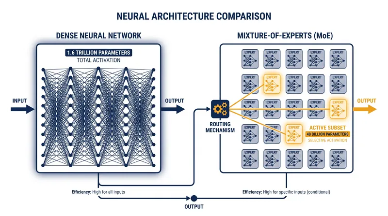 How a Mixture-of-Experts architecture activates only a fraction of its total parameters per task.