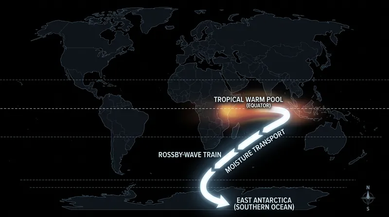 Warming in the tropical warm pool triggered atmospheric waves that funneled moisture toward the South Pole.