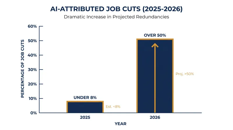 The share of workforce reductions attributed to AI has surged unprecedentedly in 2026.