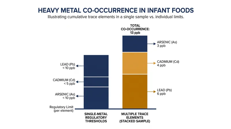 While regulations target individual metals, compliance data shows most foods contain multiple trace elements simultaneously.