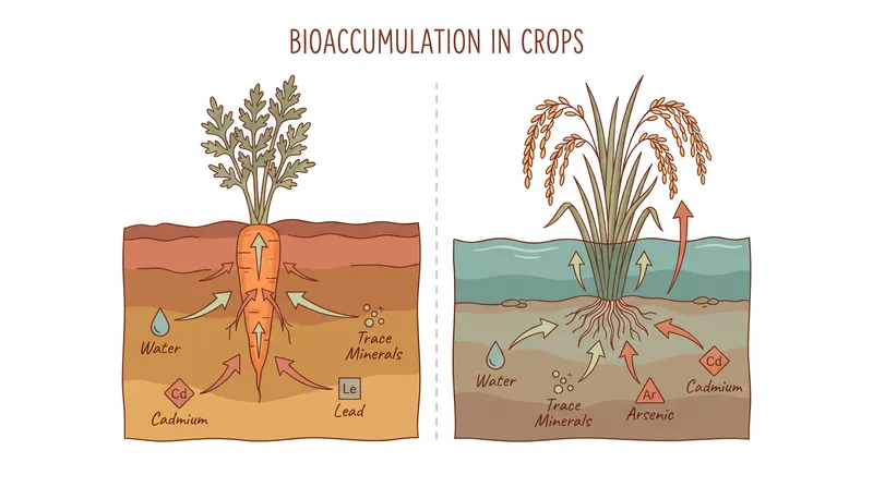 Bioaccumulation occurs when crops absorb naturally occurring trace elements from the soil and water as they grow.